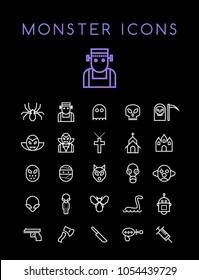 Set of Quality Universal Standard Minimal Simple White Thin Line Monsters Icons on Black Background