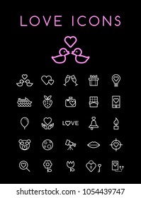 Set of Quality Universal Standard Minimal Simple White Thin Line Love Icons on Black Background
