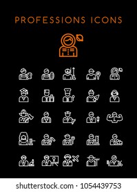 Set of Quality Universal Standard Minimal Simple White Thin Line Professions Icons on Black Background