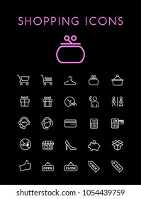 Set of Quality Universal Standard Minimal Simple White Thin Line Shopping Icons on Black Background