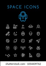 Set of Quality Universal Standard Minimal Simple White Thin Line Space Icons on Black Background