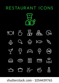Set of Quality Universal Standard Minimal Simple White Thin Line Restaurant Icons on Black Background