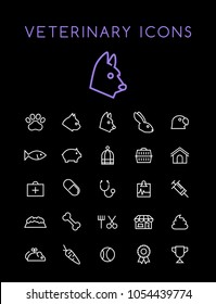 Set of Quality Universal Standard Minimal Simple White Thin Line Veterinary Icons on Black Background