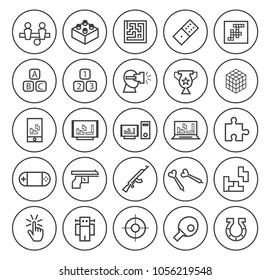 Set of Quality Universal Standard Minimal Simple Black Thin Line Games Icons on Circles on White Background 