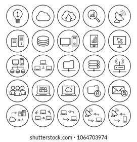Set of Quality Universal Standard Minimal Simple Black Thin Line Network , Technology and Analytics Icons on Circular Buttons on White Background 
