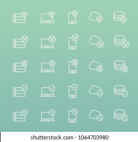 Set of Quality Universal Standard Minimal Simple White Thin Line Network , Technology and Analytics Icons on Color Background 