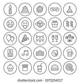 Set of Quality Universal Standard Minimal Simple Black Thin Line Party and Birthday Icons on Circles on White Background 