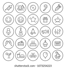 Set of Quality Universal Standard Minimal Simple Black Thin Line Party and Birthday Icons on Circles on White Background 