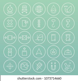 Set of Quality Universal Standard Minimal Simple White Thin Line Packaging Icons on Circular Buttons on Color Background 