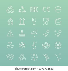 Conjunto de iconos de empaquetado de línea fina blanca simple estándar universal de calidad en el fondo del color 