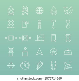 Set of Quality Universal Standard Minimal Simple White Thin Line Packaging Icons on Color Background 