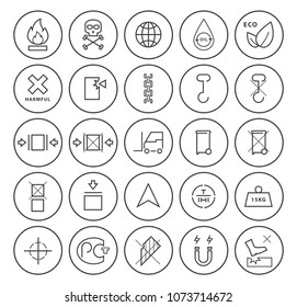 Set of Quality Universal Standard Minimal Simple Black Thin Line Packaging Icons on Circular Buttons on White Background 