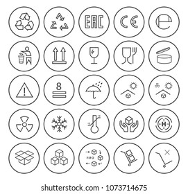 Set of Quality Universal Standard Minimal Simple Black Thin Line Packaging Icons on Circular Buttons on White Background 