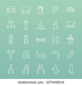 Set of Quality Universal Standard Minimal Simple White Thin Line Traffic Signs Icons on Color Background 