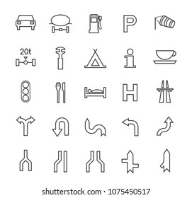 Set of Quality Universal Standard Minimal Simple Black Thin Line Traffic Signs Icons on White Background 