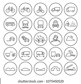 Set of Quality Universal Standard Minimal Simple Black Thin Line Traffic Signs Icons on Circular Buttons on White Background 