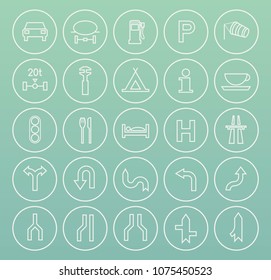 Set of Quality Universal Standard Minimal Simple White Thin Line Traffic Signs Icons on Circular Buttons on Color Background 