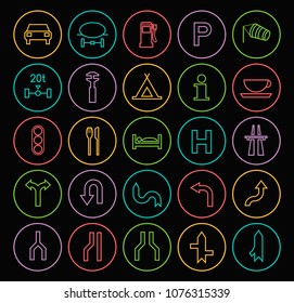 Set of Quality Universal Standard Minimal Simple Color Thin Line Traffic Signs Icons on Circular Buttons on Black Background 