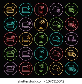 Set of Quality Universal Standard Minimal Simple Color Thin Line Network , Technology and Analytics Icons on Circular Buttons on Black Background 