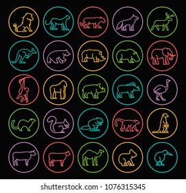 Set of Quality Universal Standard Minimal Simple Color Thin Line Animals on Circles on Black Background 