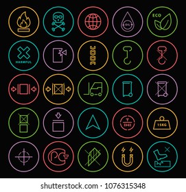 Set of Quality Universal Standard Minimal Simple Color Thin Line Packaging Icons on Circular Buttons on Black Background 