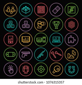 Set of Quality Universal Standard Minimal Simple Color Thin Line Games Icons on Circles on Black Background 