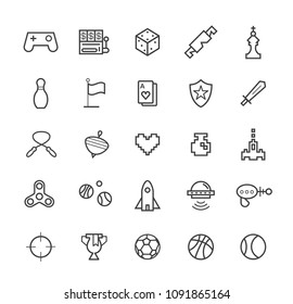 Set of Quality Universal Standard Minimal Simple Black Thin Line Games Icons on White Background 