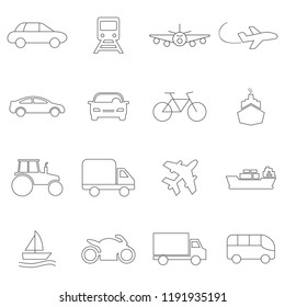 Set of Quality Universal Standard Minimal Simple Transport Black Thin Line Icons on White Background. Flat line vector illustration