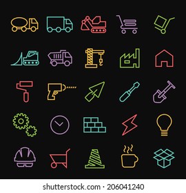 Set of Quality Universal Standard Minimal Simple Colored Neon Construction Thin Line Icons on Black Background.