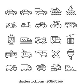 Set of Quality Universal Standard Minimal Simple Transport Black Thin Line Icons on White Background.