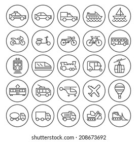 Set of Quality Universal Standard Minimal Simple Transport Black Thin Line Icons on Circular Buttons on White Background.