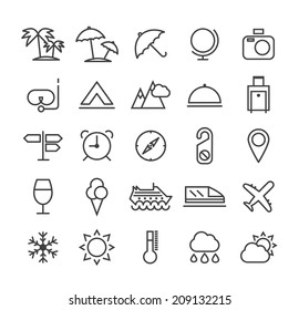 Set of Quality Universal Standard Minimal Simple Travel Black Thin Line Icons on White Background.