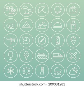 Set of Quality Universal Standard Minimal Simple Travel White Thin Line Icons on Circular Buttons on Color Background.