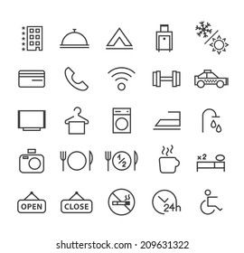 Set of Quality Universal Standard Minimal Simple Hotel Black Thin Line Icons on White Background.