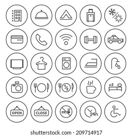 Set of Quality Universal Standard Minimal Simple Hotel Black Thin Line Icons on Circular Buttons on White Background.