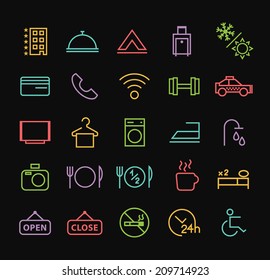 Set of Quality Universal Standard Minimal Simple Colored Neon Hotel Thin Line Icons on Black Background.