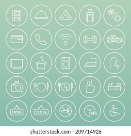 Set of Quality Universal Standard Minimal Simple Hotel White Thin Line Icons on Circular Buttons on Color Background.