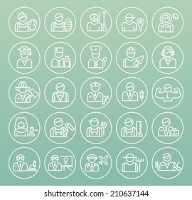 Set of Quality Universal Standard Minimal Simple Profession White Thin Line Icons on Circular Buttons on Color Background.