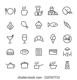 Set of Quality Universal Standard Minimal Simple Restaurant Black Thin Line Icons on White Background.