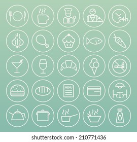 Set of Quality Universal Standard Minimal Simple Restaurant White Thin Line Icons on Circular Buttons on Color Background.