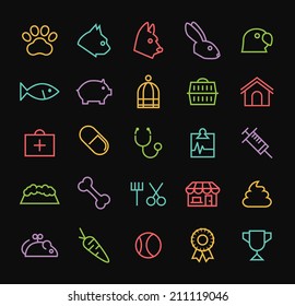 Set of Quality Universal Standard Minimal Simple Colored Neon Veterinary Thin Line Icons on Black Background.