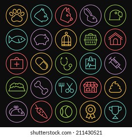 Set of Quality Universal Standard Minimal Simple Colored Neon Veterinary Thin Line Icons on Circular Buttons on Black Background.