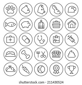 Set of Quality Universal Standard Minimal Simple Veterinary Black Thin Line Icons on Circular Buttons on White Background.