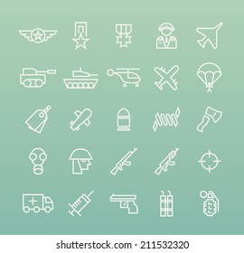 Set of Quality Universal Standard Minimal Simple War White Thin Line Icons on Color Background.