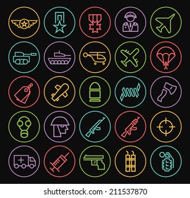 Set of Quality Universal Standard Minimal Simple Colored Neon War Thin Line Icons on Circular Buttons on Black Background.