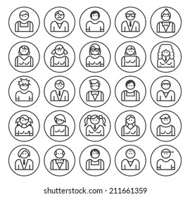 Set of Quality Universal Standard Minimal Simple People Black Thin Line Icons on Circular Buttons on White Background.