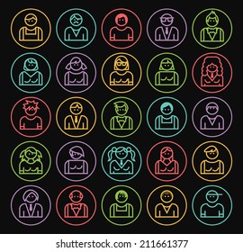 Set of Quality Universal Standard Minimal Simple Colored Neon People Thin Line Icons on Circular Buttons on Black Background.