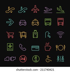 Set of Quality Universal Standard Minimal Simple Colored Neon Airport Thin Line Icons on Black Background.