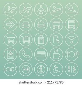 Set of Quality Universal Standard Minimal Simple Airport White Thin Line Icons on Circular Buttons on Color Background.