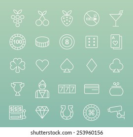 Set of Quality Universal Standard Minimal Simple White Thin Line Casino Icons on Color Background.